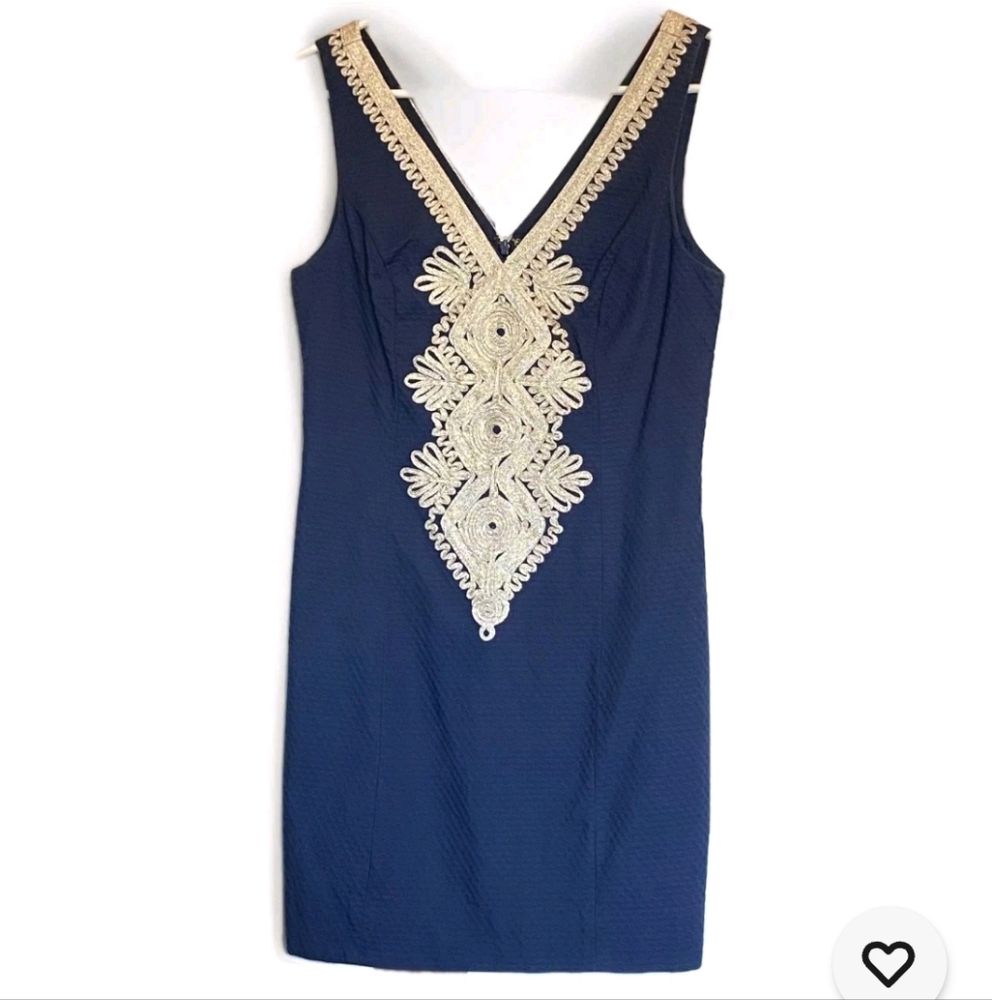 EUC Lilly Pulitzer Old Money Navy Cocktail Shift Dress, Gold Embroidery Sz 2